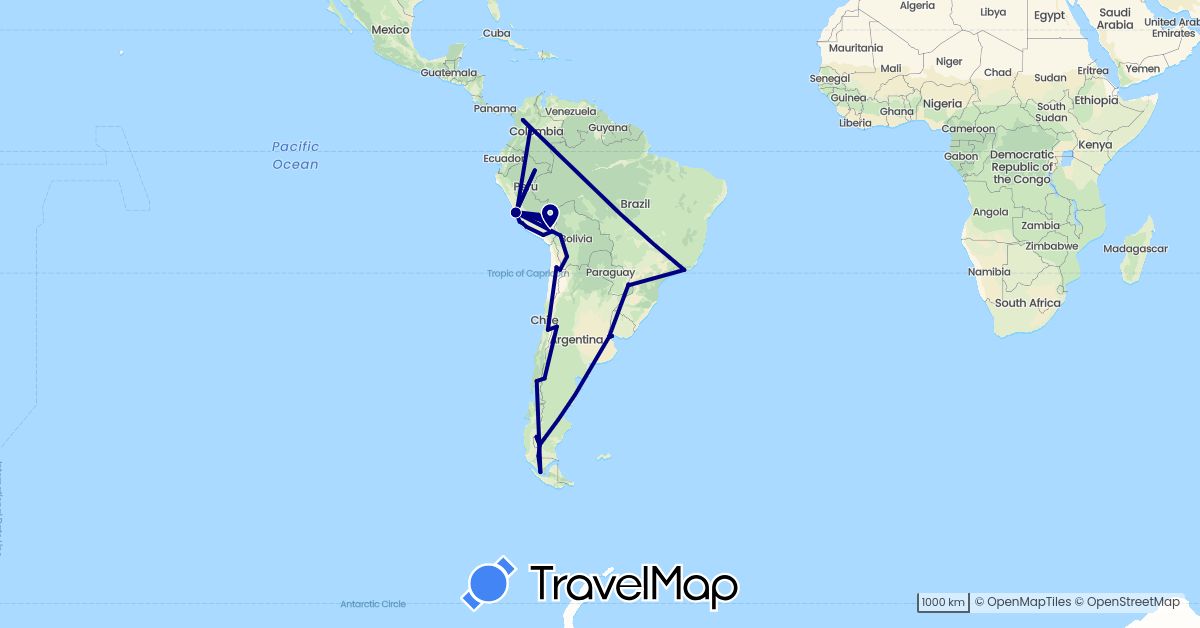 TravelMap itinerary: driving in Argentina, Bolivia, Brazil, Chile, Colombia, Peru, Uruguay (South America)